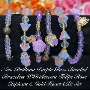 Springtime Purple Glass Beaded Bracelet Set with Rose, Tulip & Gold Hearts 6pc
